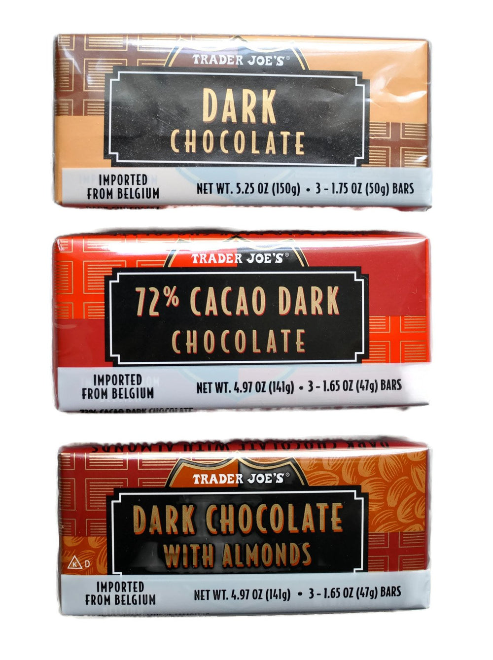 Trader Joe's Belgian Dark Chocolate Bars gift trio ready for entertaining or gifting