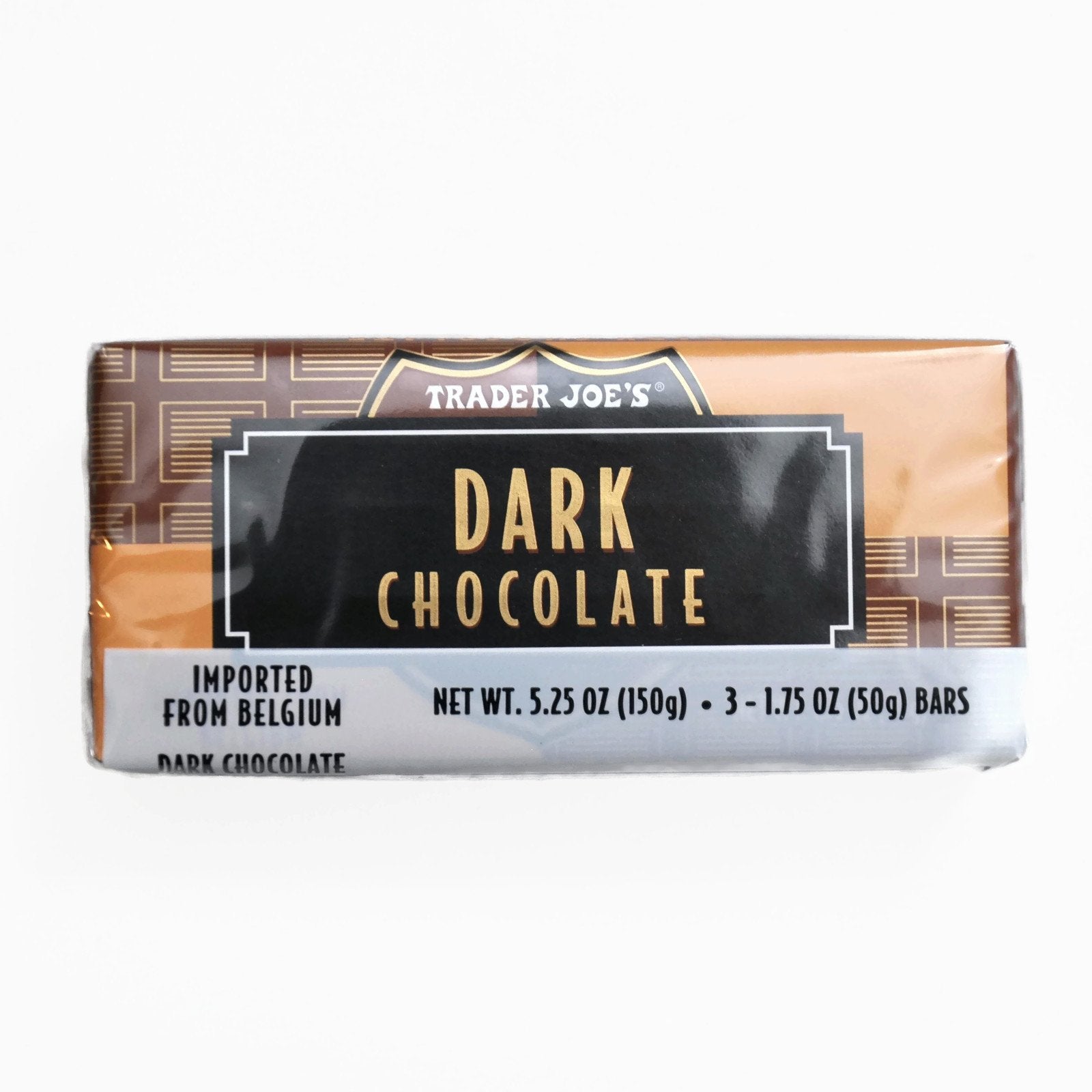 Trader Joe's Belgian Dark Chocolate Bars packaging on counter, gift-ready for sharing