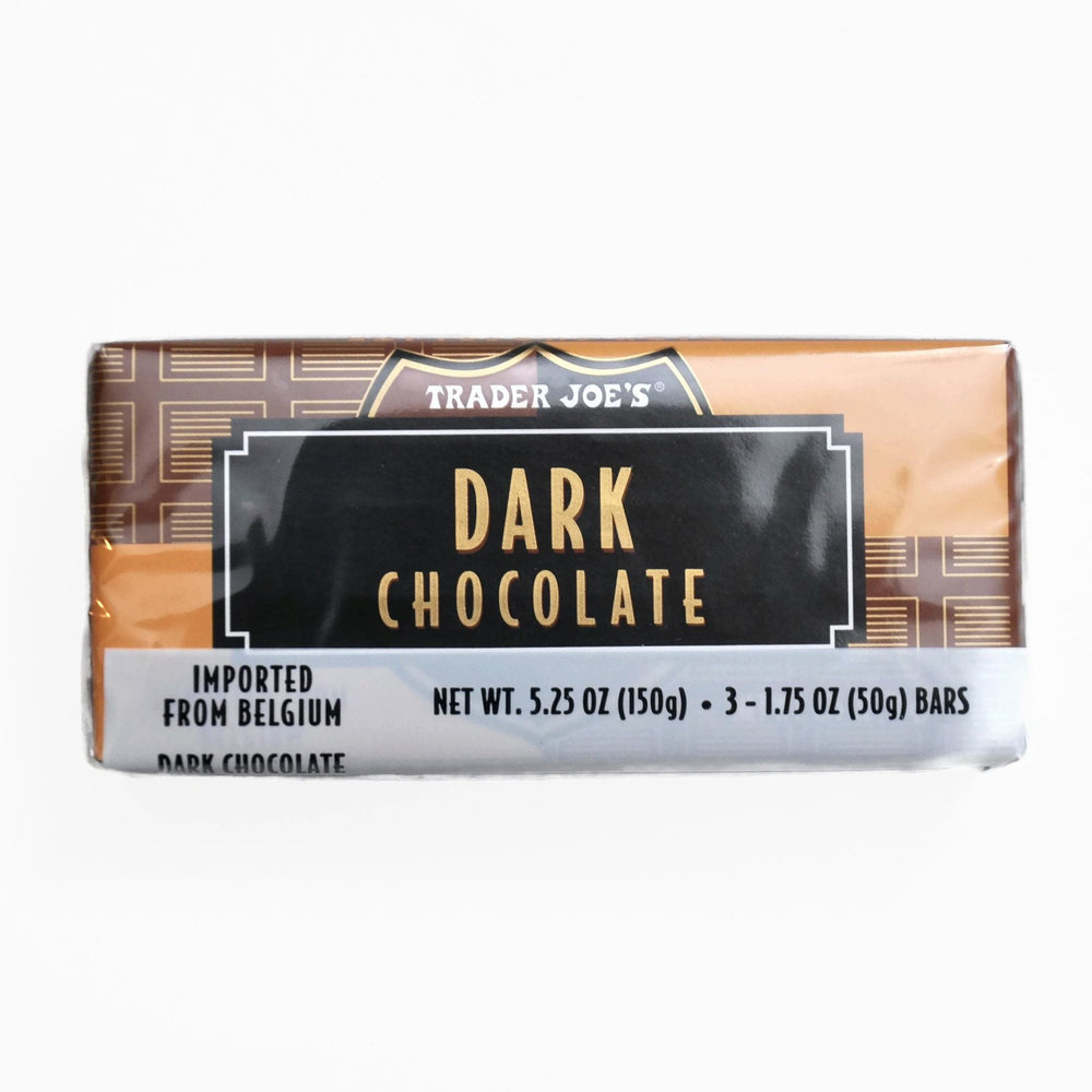 Trader Joe's Belgian Dark Chocolate Bars packaging on counter, gift-ready for sharing