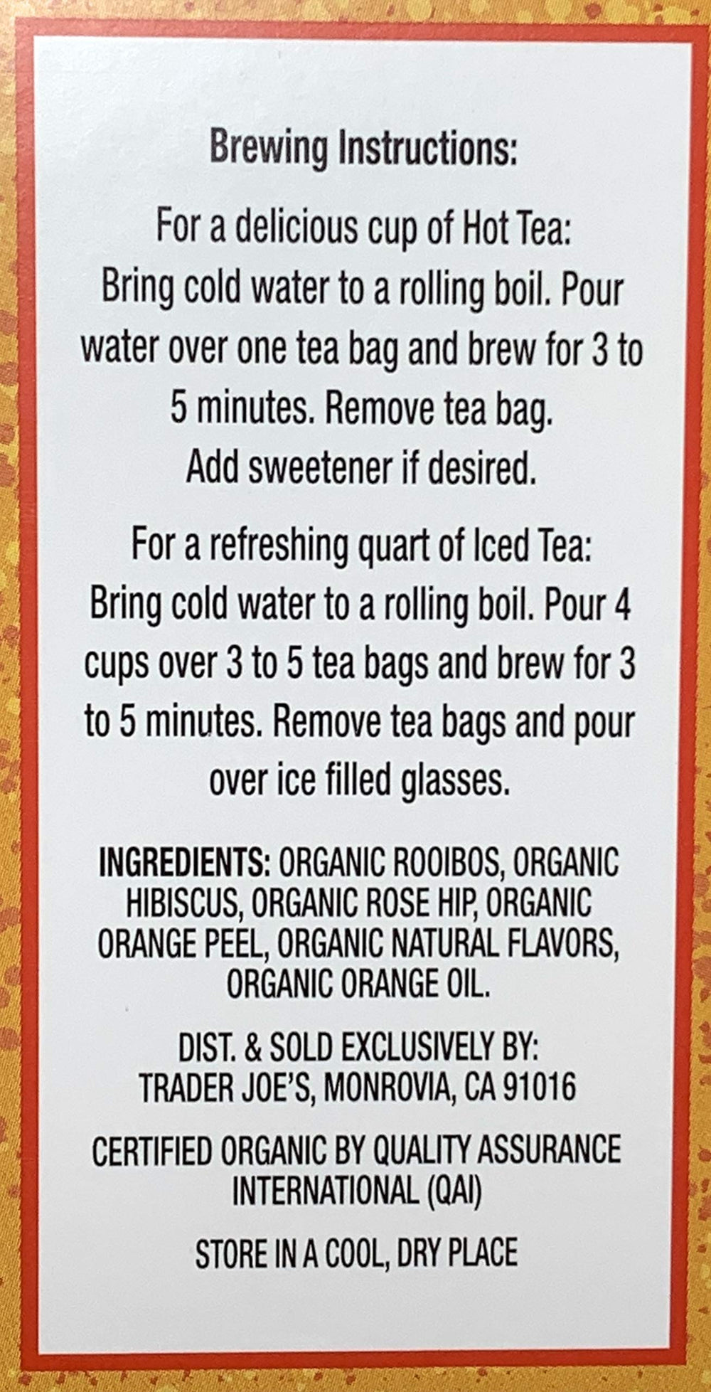 Trader Joe's Blood Orange Rooibos steeping creates a warm amber infusion.