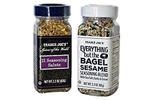 Trader Joe's Everything bagel sesame blend and 21 Seasoning Salute bundle bottle, adds flavorful versatility to meals.