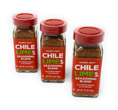 Trader Joe's Chile Lime Seasoning Blend jar highlights textured grains for bold flavor.