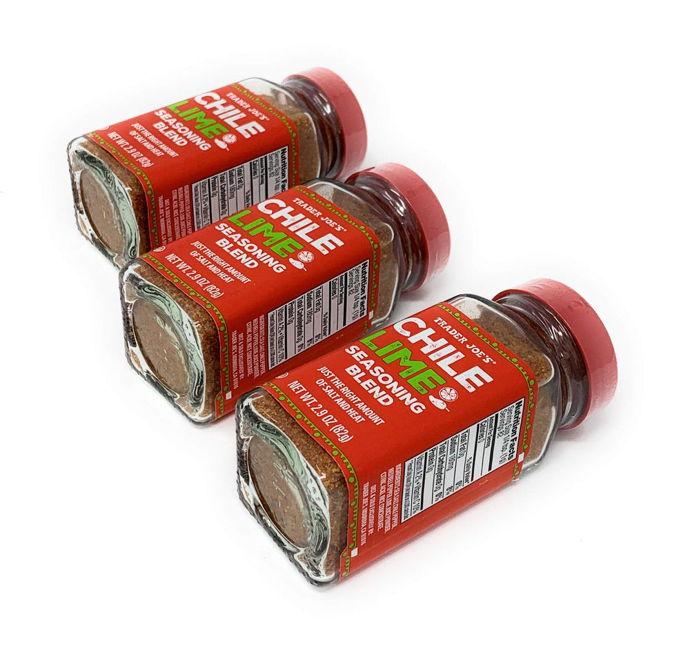 Trader Joe's Chile Lime Seasoning Blend three-bottle packaging is shown.