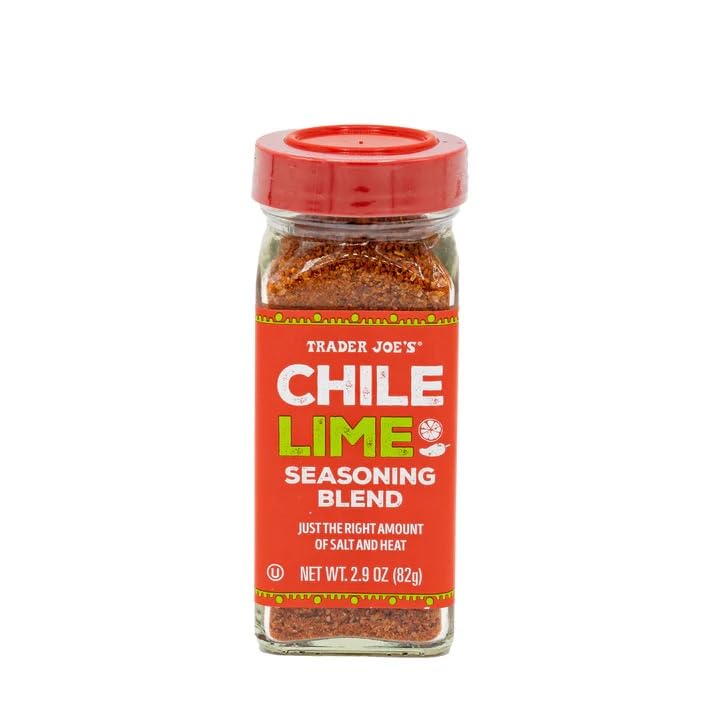 Trader Joe's Chile Lime Seasoning in a glass jar ready to flavor tacos and veggies.