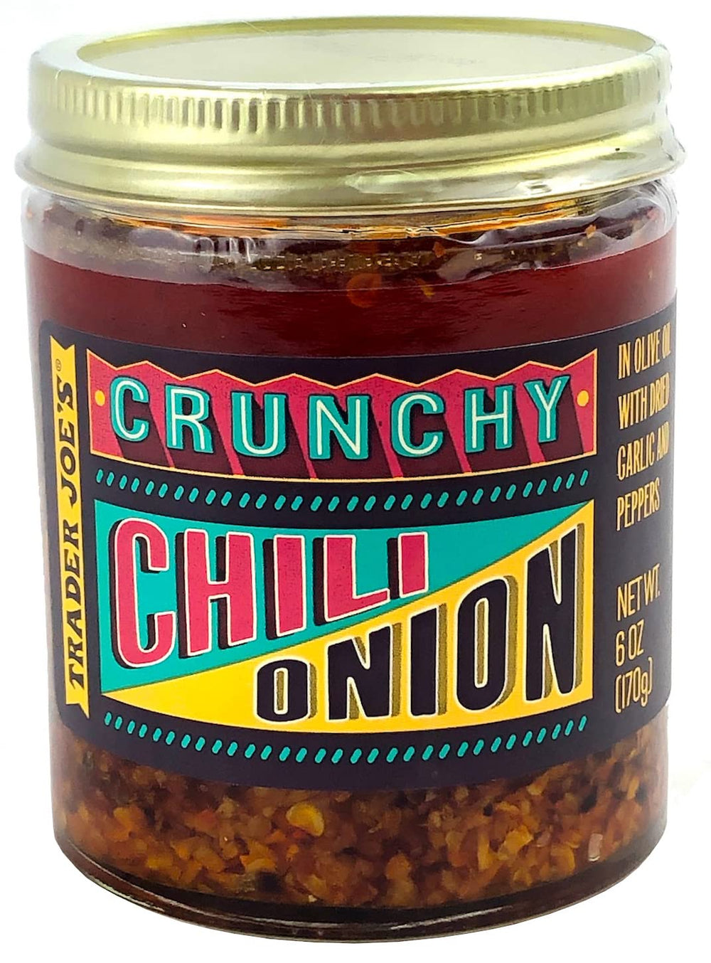 Trader Joe's Chili Onion Crunch jar pour adds spicy flavor to dishes.