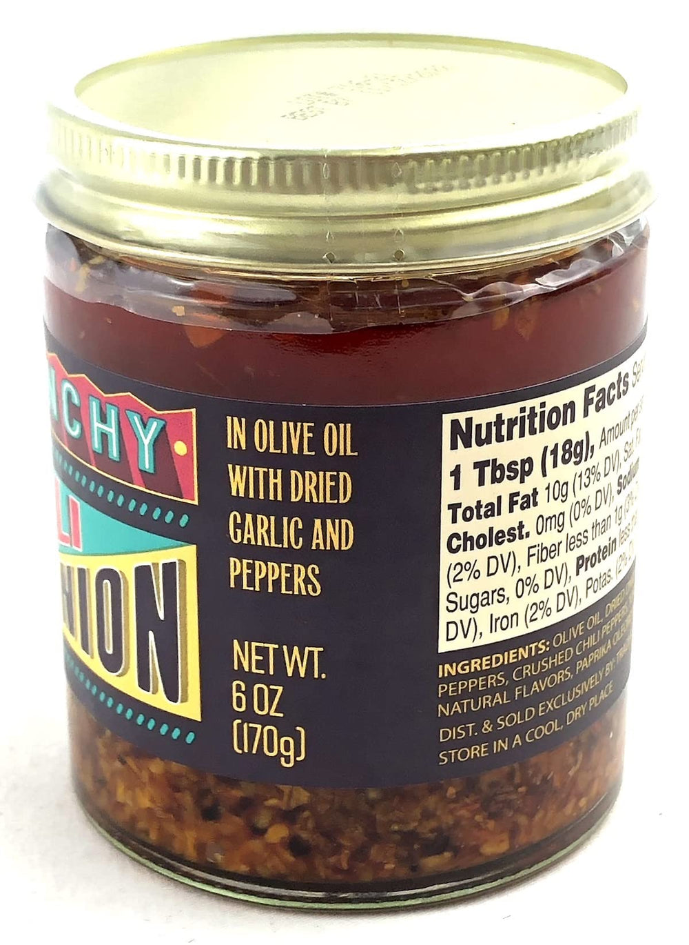 Trader Joe's Chili Onion Crunch packaging label highlighting flavor and serving size.