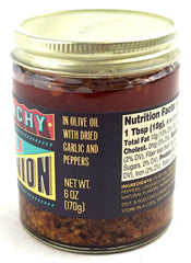 Trader Joe's Chili Onion Crunch packaging label highlighting flavor and serving size.