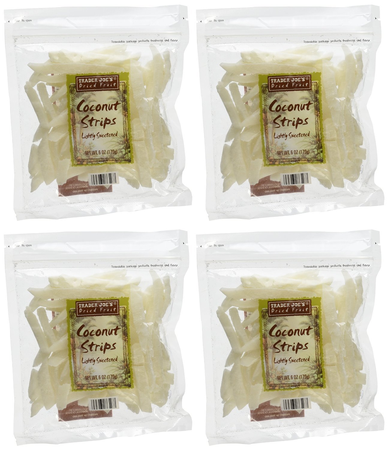 Trader Joe's Coconut Strips pack of four on a clean display, easy snack option.