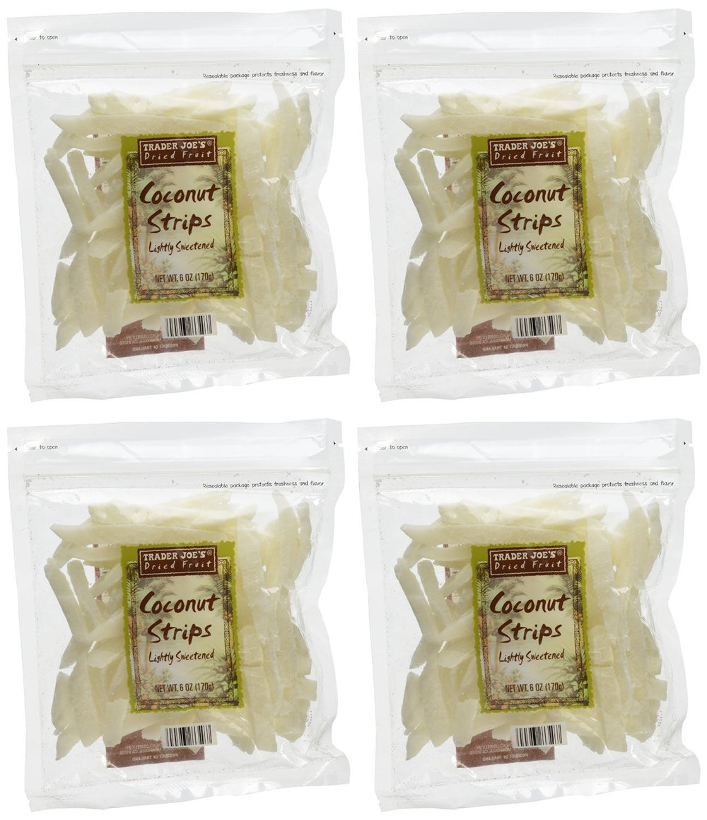 Trader Joe's Coconut Strips pack of four on a clean display, easy snack option.