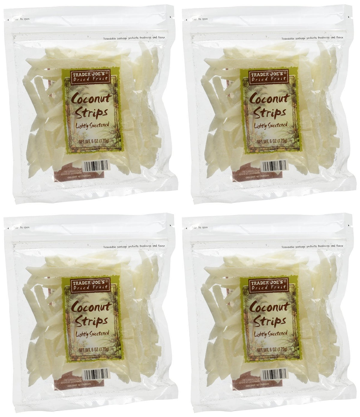 Trader Joe's Coconut Strips pack of four on a clean display, easy snack option.