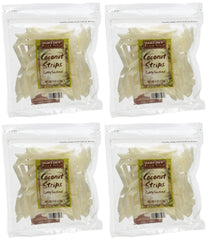 Trader Joe's Coconut Strips pack of four on a clean display, easy snack option.
