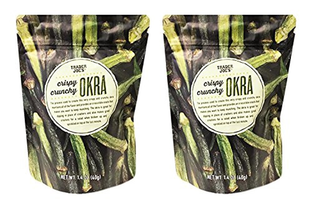 Trader Joe's Crispy Crunchy Okra bags ready for on-the-go snacking.