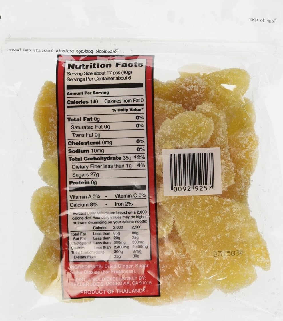 Trader Joe's crystallized ginger bag with sparkling coating, ideal for tea infusions or baking.
