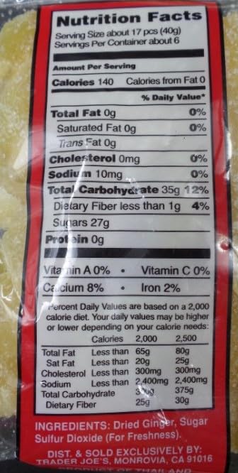 Packaging closeup of Trader Joe's crystallized ginger highlighting the 3-pack format