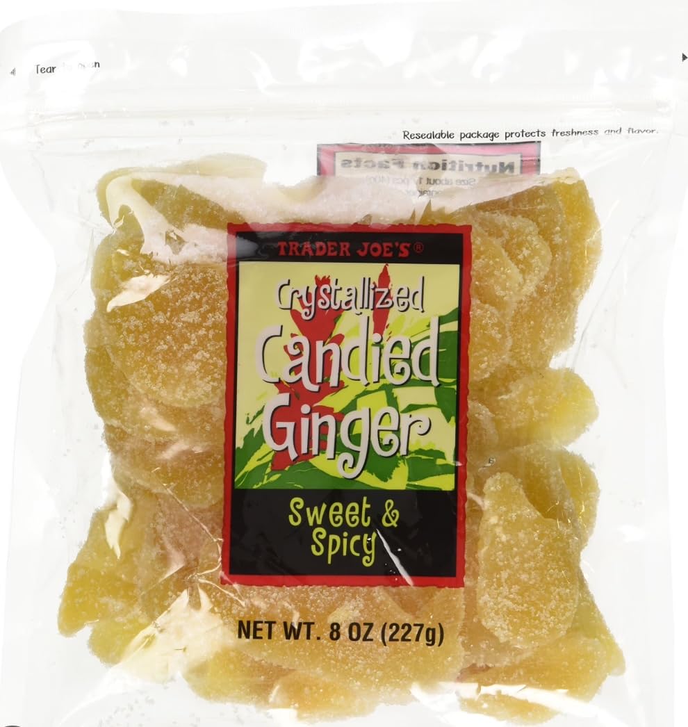 Trader Joe's crystallized ginger piece with sparkling sugar for on-the-go snacking.