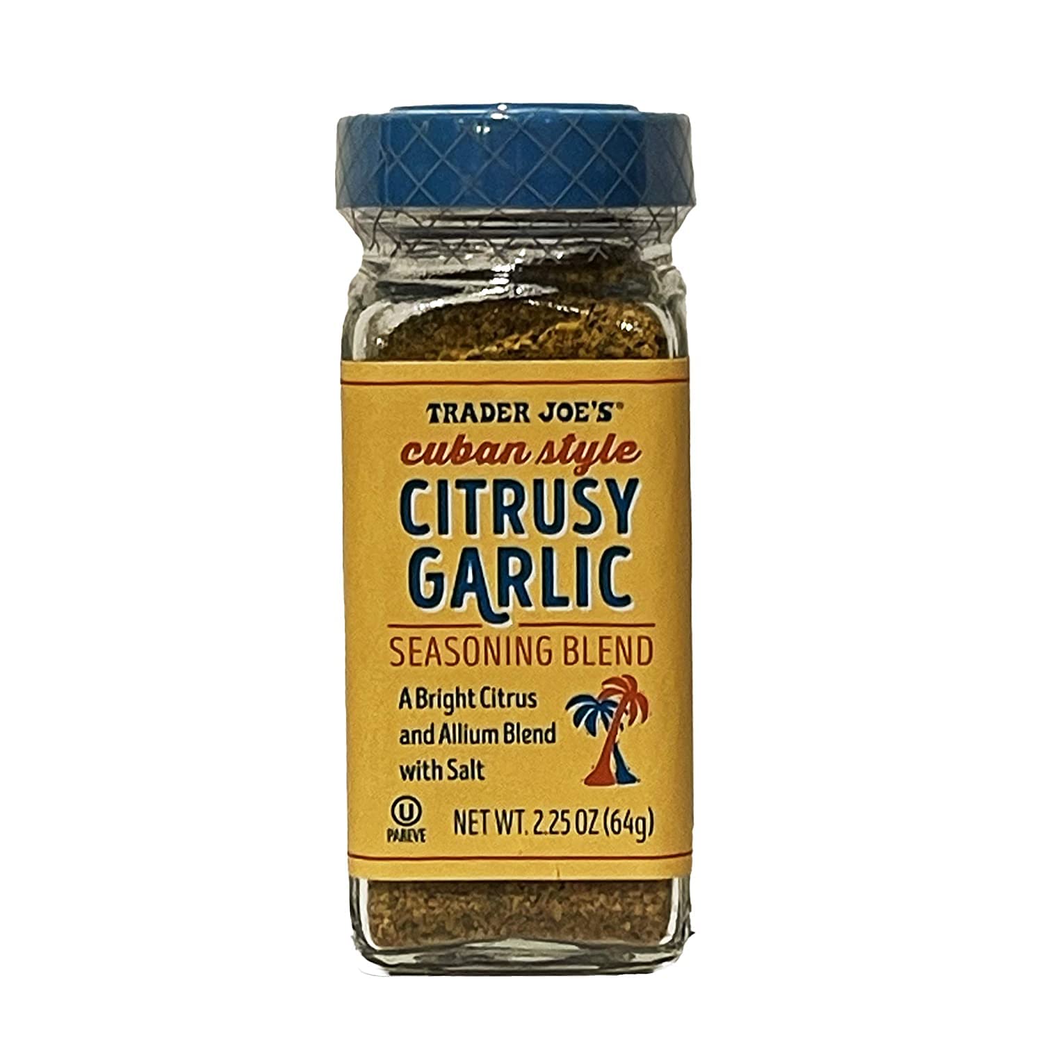 Trader Joe's Cuban Style Citrusy Garlic Seasoning bottle on kitchen counter for marinating and flavoring