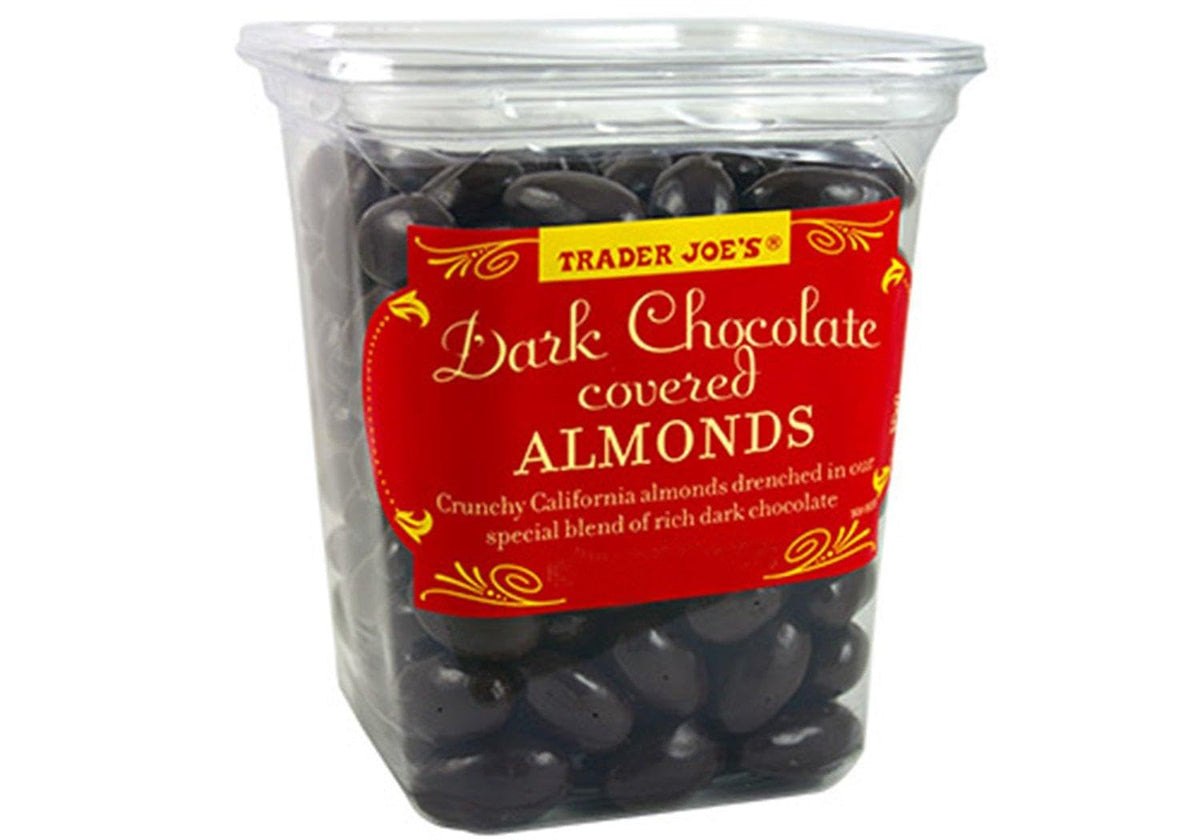 Trader Joe's dark chocolate almonds pack with glossy coating; convenient, energizing on-the-go snack.
