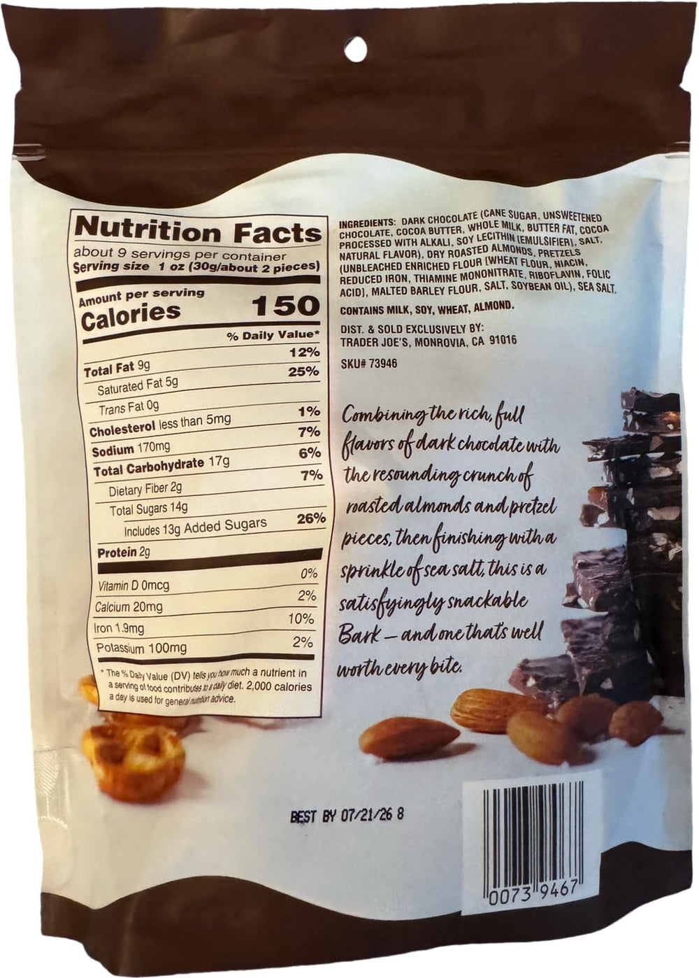 Trader Joe's dark chocolate bark close-up with sea salt crystals, perfect dessert nibble