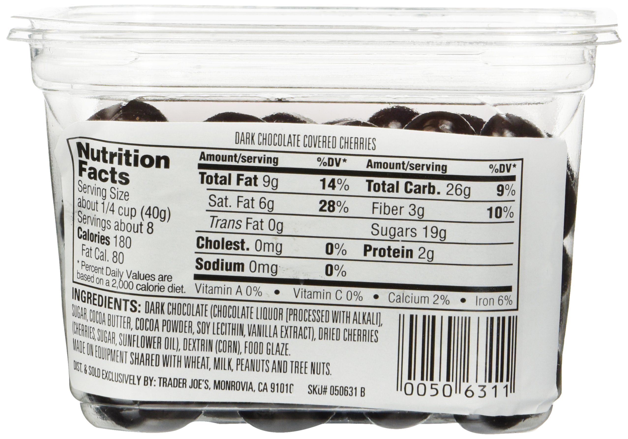 Trader Joe's dark chocolate cherries closeup with shiny chocolate and tart center appeal