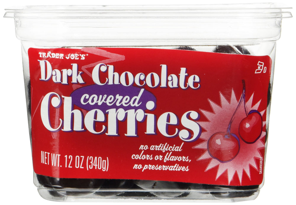 Trader Joe's dark chocolate cherries packshot showing glossy coating and ripe fruit for a premium snack