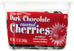 Trader Joe's dark chocolate cherries packshot showing glossy coating and ripe fruit for a premium snack