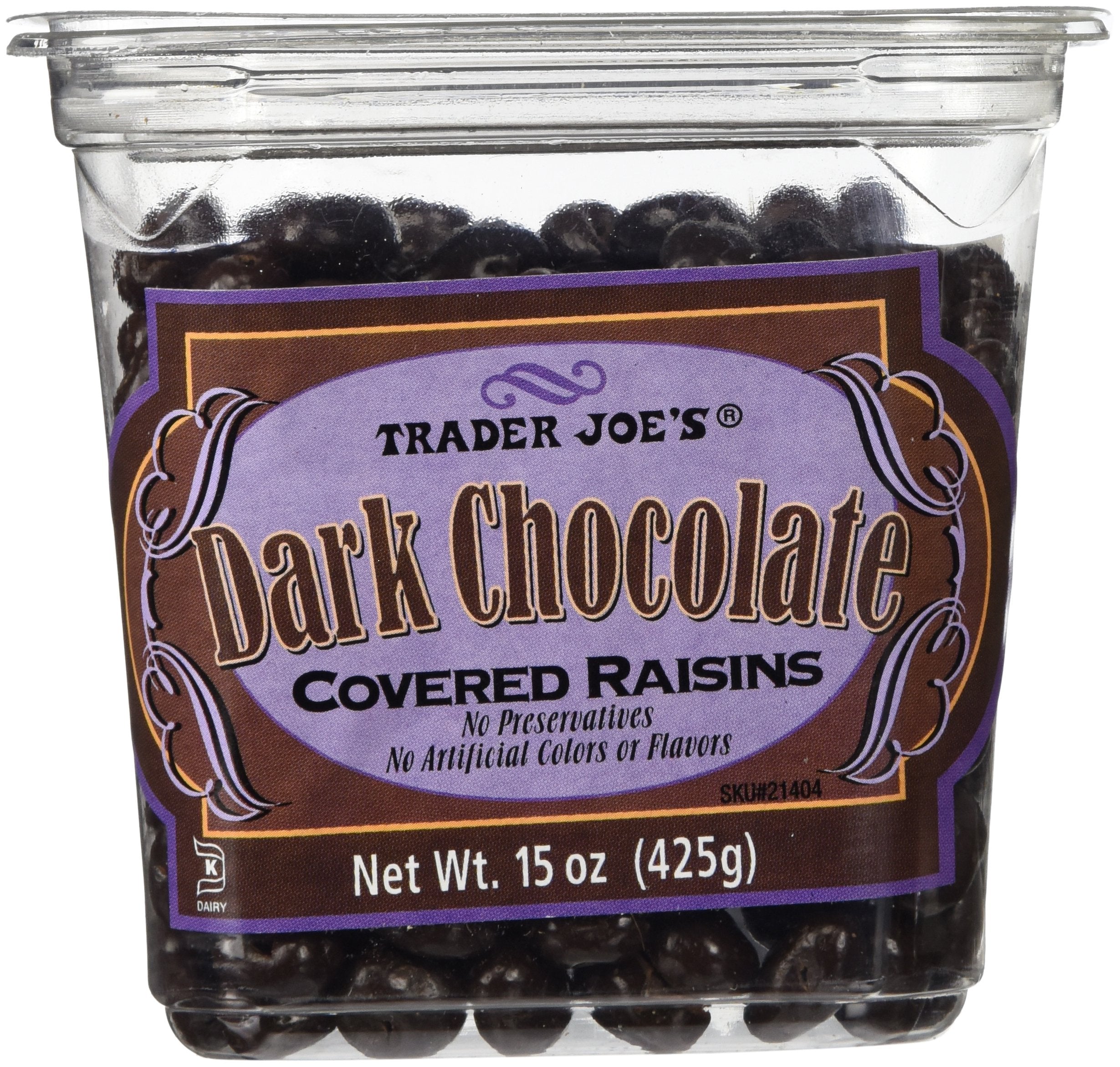 Trader Joe's dark chocolate covered raisins pack shot for grab-and-go snacking