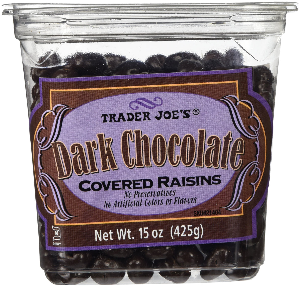 Trader Joe's dark chocolate covered raisins pack shot for grab-and-go snacking