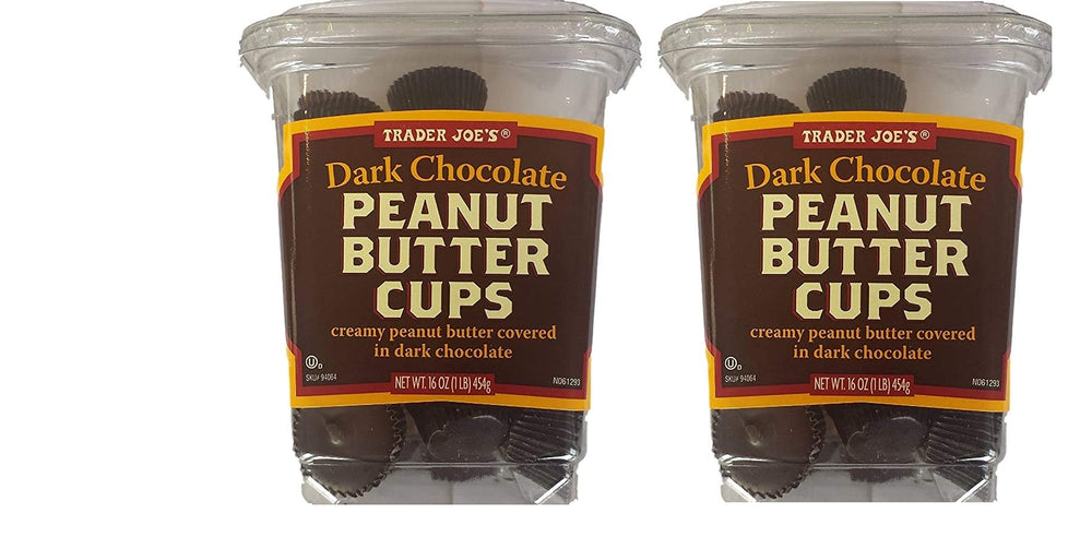 Trader Joe's Dark Chocolate Peanut Butter Cups two-pack packshot showcases a rich, ready-to-enjoy treat.