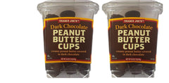 Trader Joe's Dark Chocolate Peanut Butter Cups two-pack packshot showcases a rich, ready-to-enjoy treat.