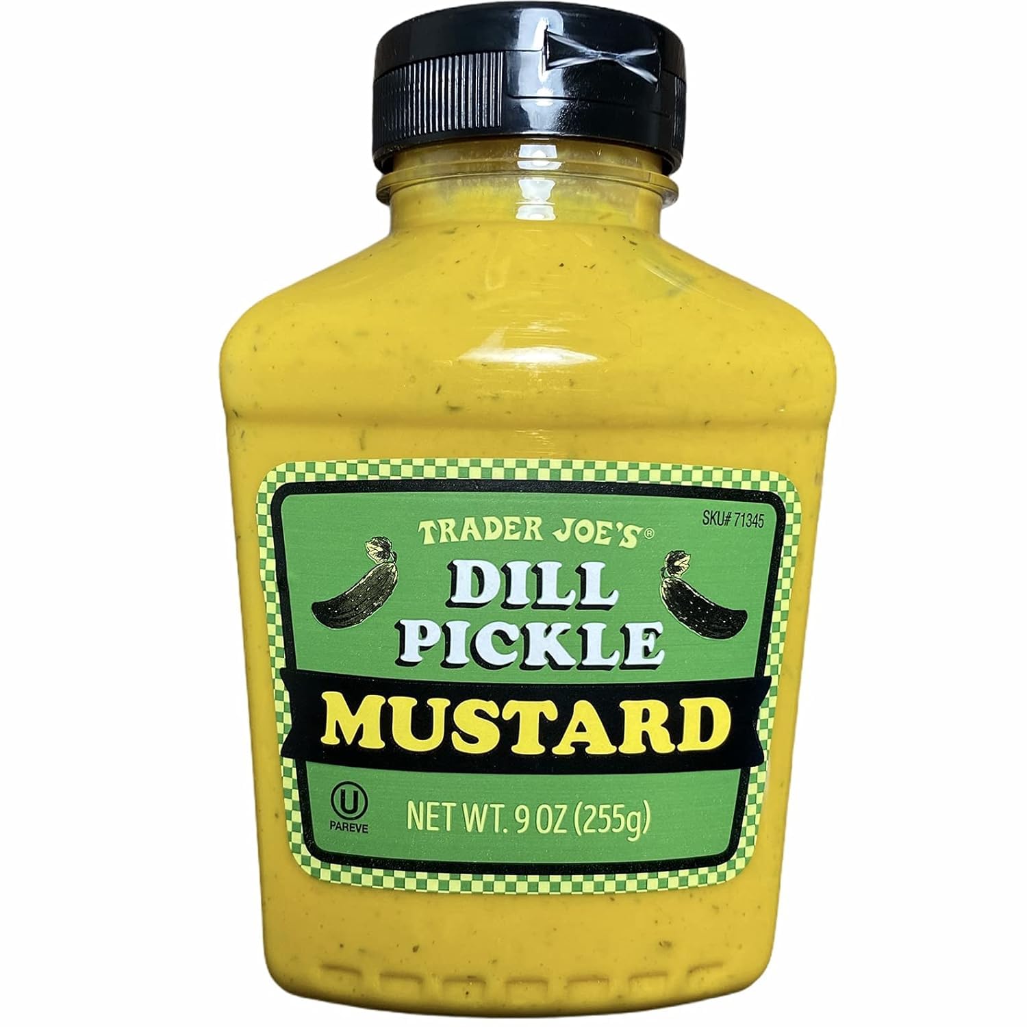 Trader Joe's Dill Pickle Mustard bottle on a counter, tangy topping for hot dogs.