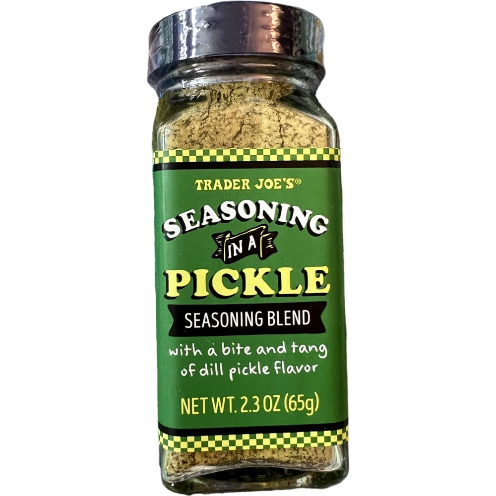 Trader Joe's Dill Pickle Seasoning bottle pour adds tangy pickle aroma to dishes.