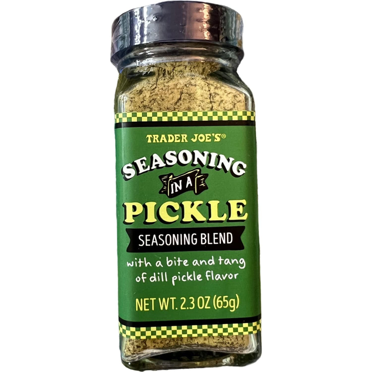 Trader Joe's Dill Pickle Seasoning bottle pour adds tangy pickle aroma to dishes.