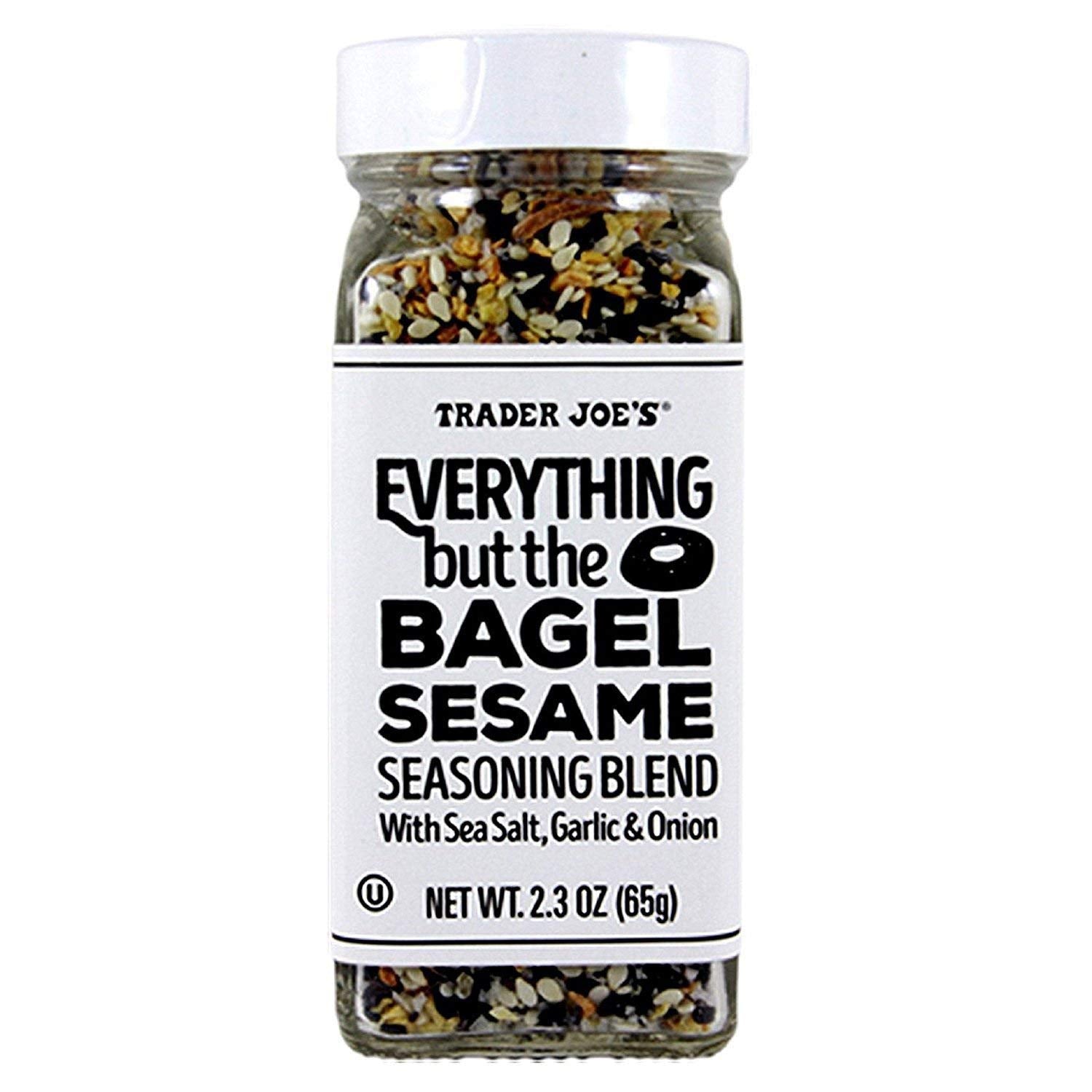Trader Joe's Everything Bagel Seasoning jar-front, versatile flavor for eggs and avocado toast.