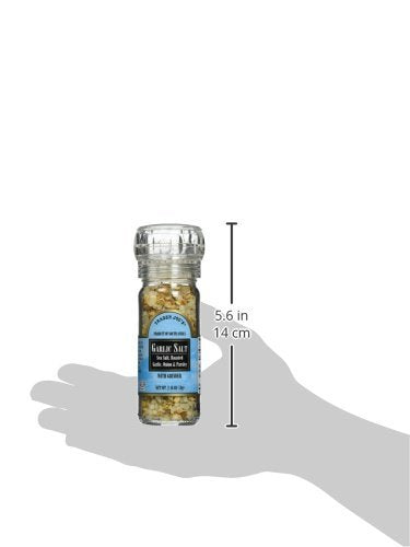 Trader Joe's Garlic Salt with Grinder back label highlighting ingredients and grinder design.