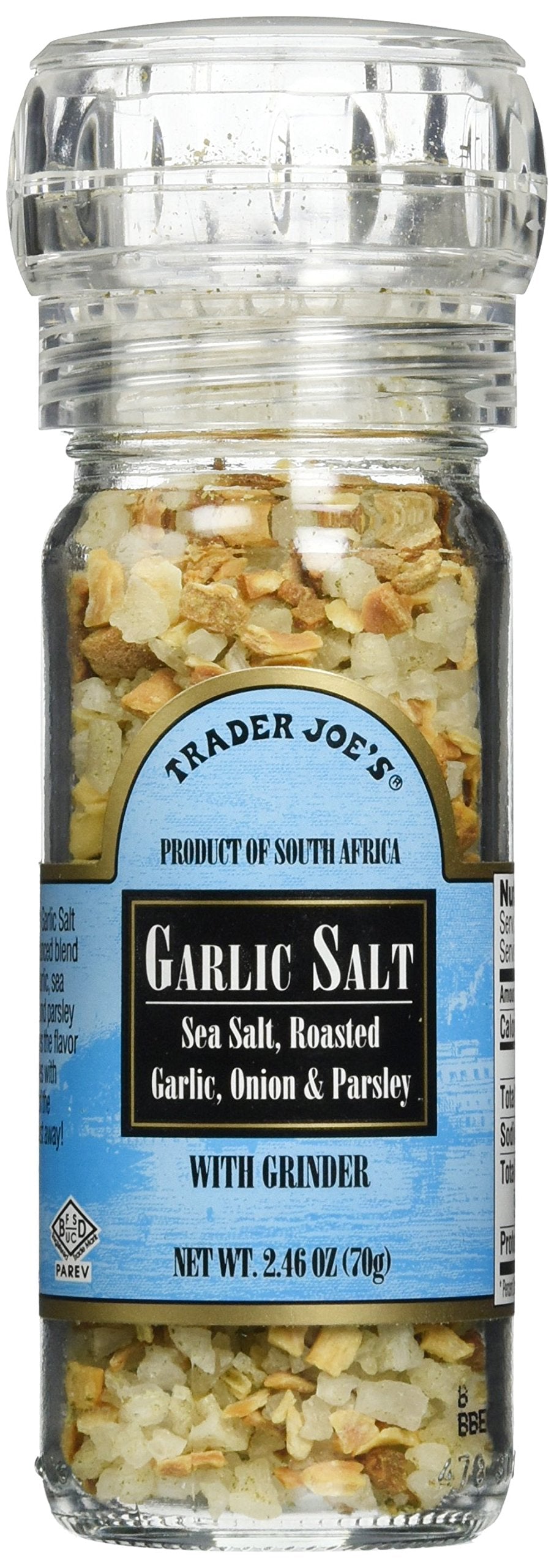 Trader Joe's Garlic Salt with Grinder front view, ready to season meals.