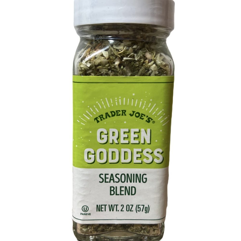 Trader Joe's Green Goddess Seasoning Blend front label shows fresh-herb mix for vibrant meals.