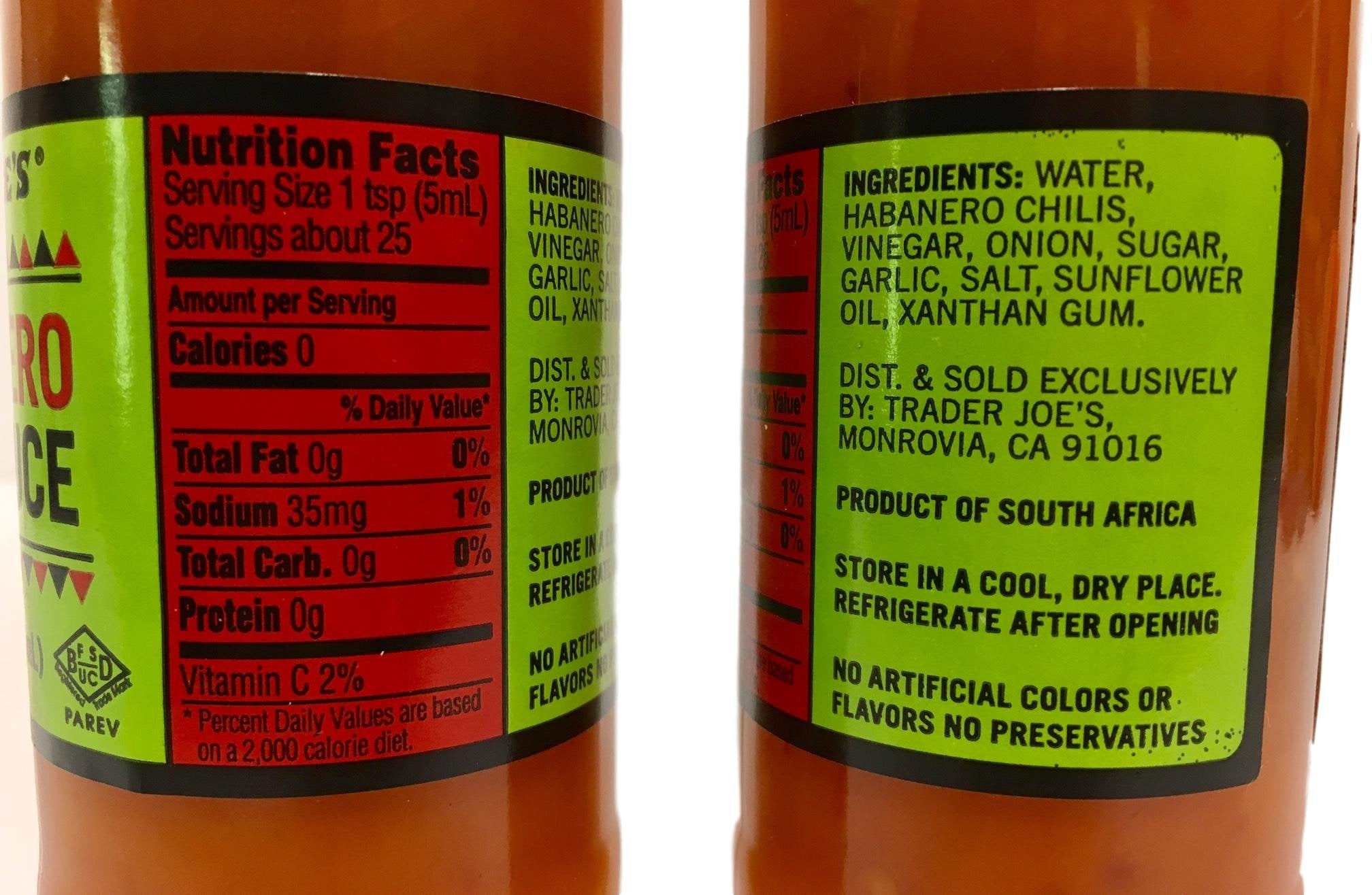 Trader Joe's Habanero Hot Sauce label close-up; vibrant color suggests flavor boost.