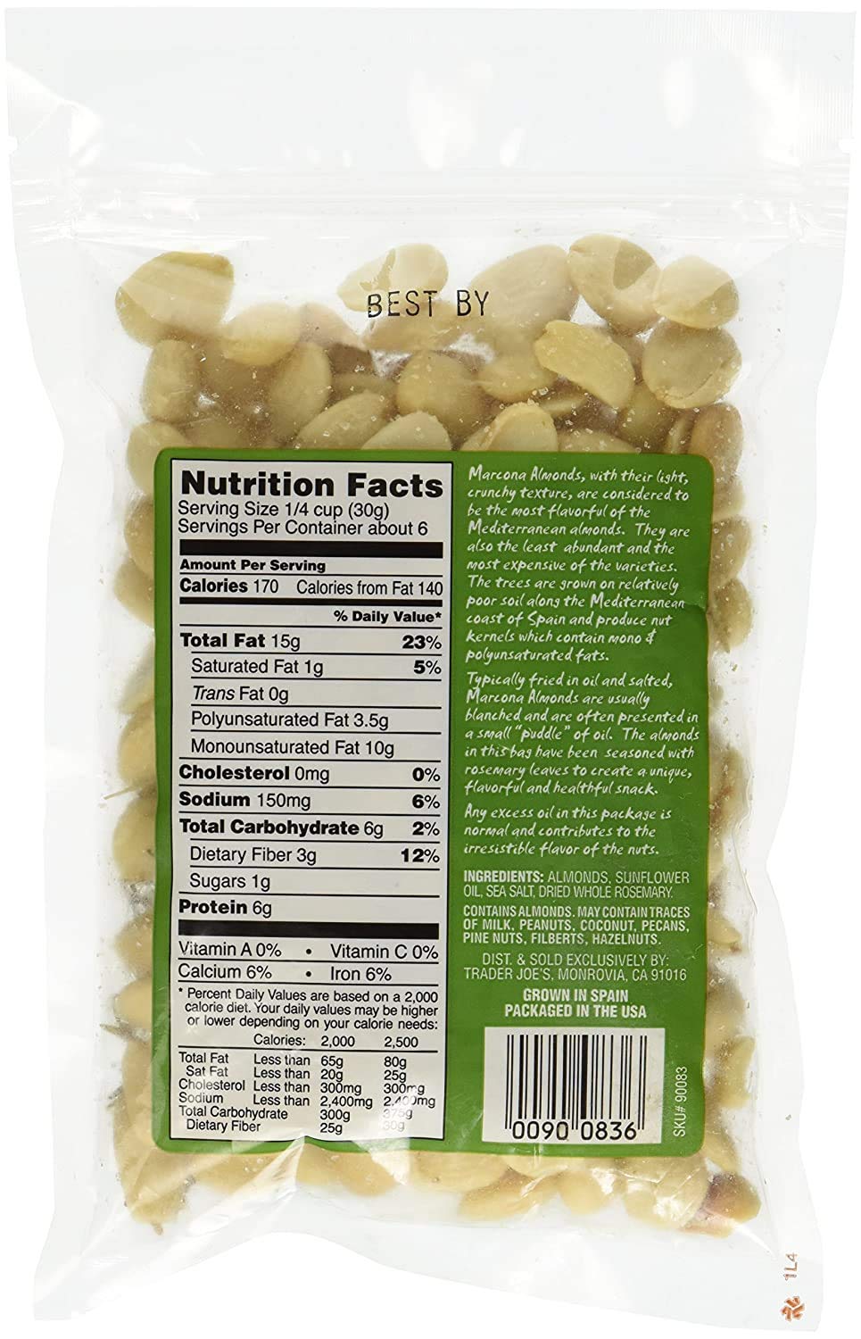 Close-up of Trader Joe's marcona almonds with rosemary seasoning and creamy texture.