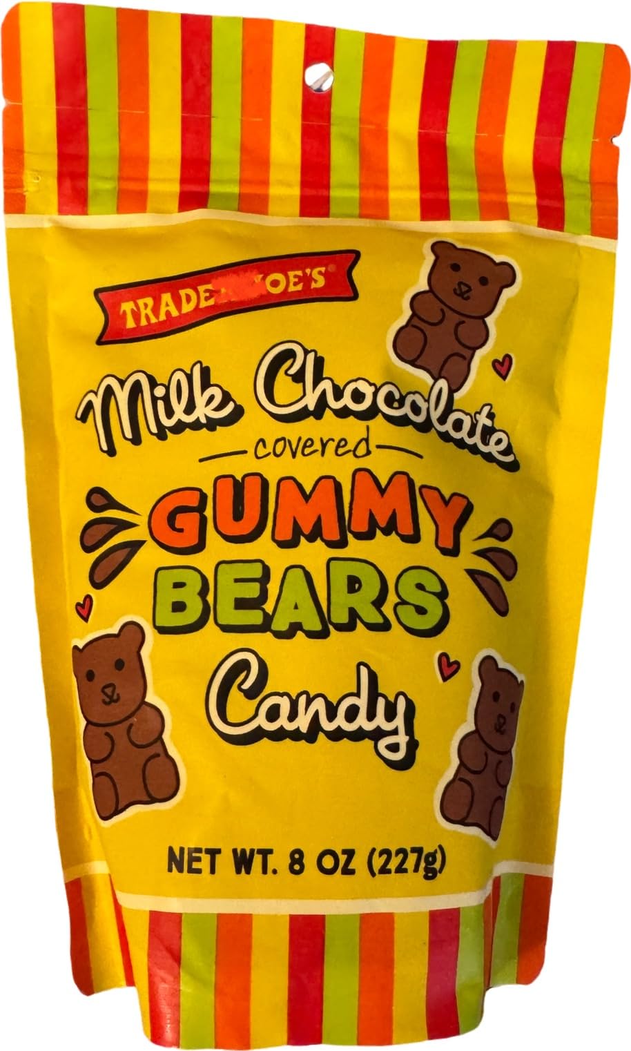 Trader Joe's Milk Chocolate Covered Gummy Bears: creamy chocolate coating around fruity gummies for a sweet snack