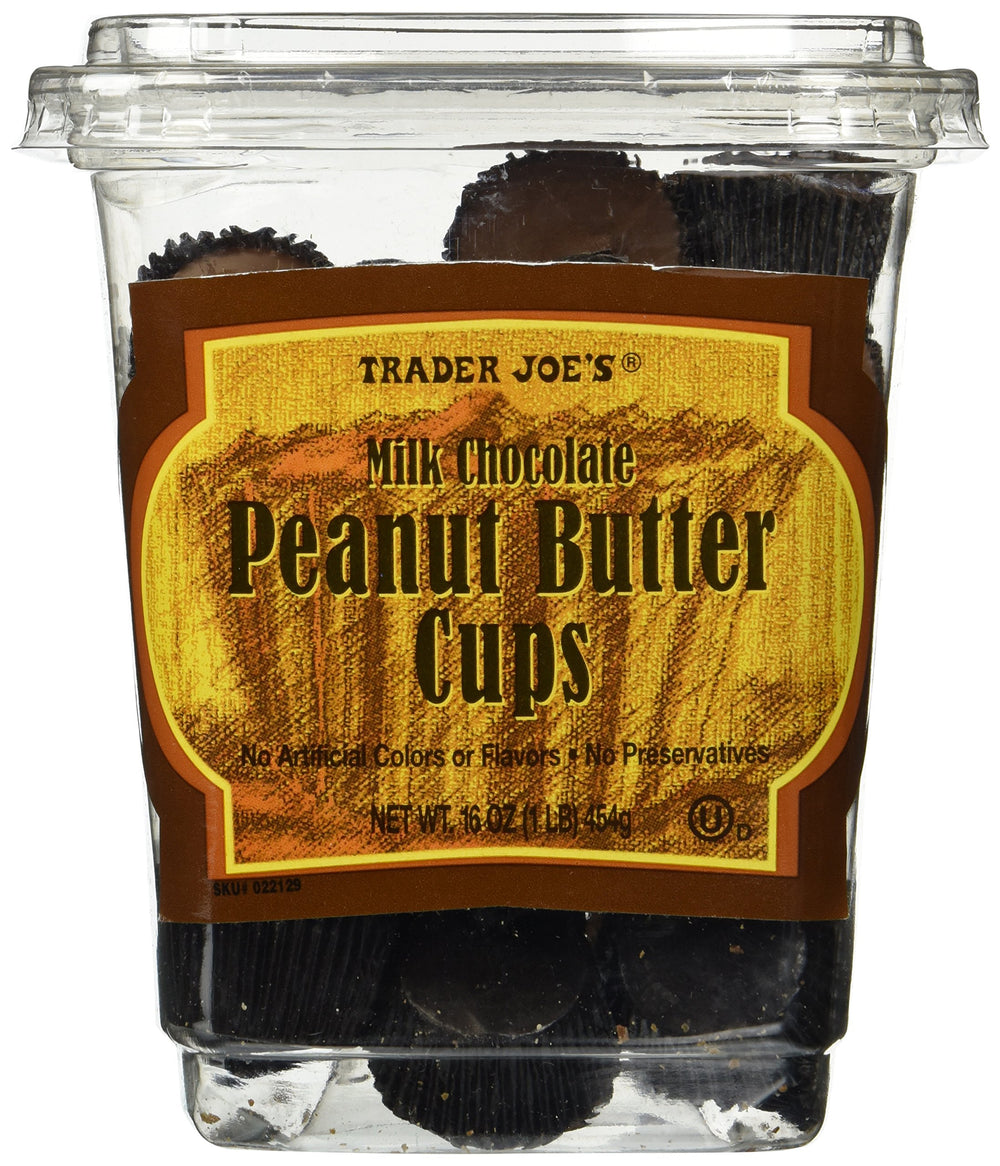 Trader Joe's Milk Chocolate Peanut Butter Cups package front, naturally flavored and preservative-free.