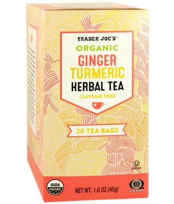 Trader Joe's Organic Ginger Turmeric Herbal Tea box with 60 bags, warming and caffeine-free