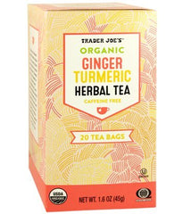Trader Joe's Organic Ginger Turmeric Herbal Tea box with 60 bags, warming and caffeine-free