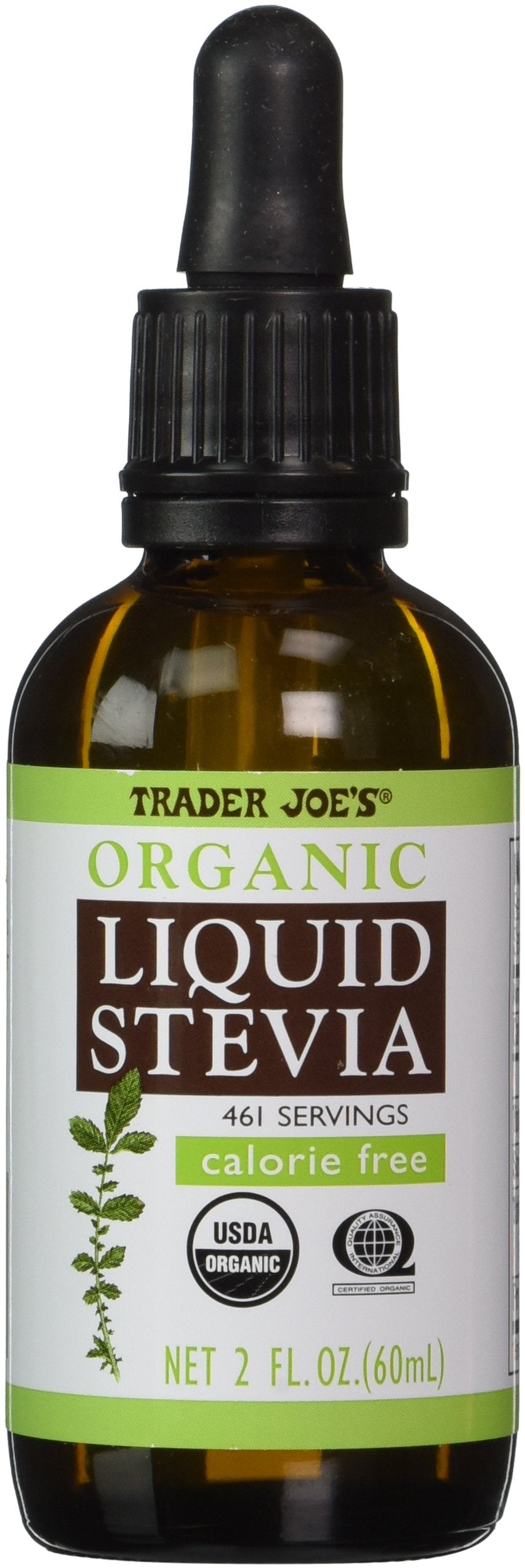 Trader Joe's Organic Liquid Stevia 2oz bottle, side view, ideal for sugar-free coffee or tea.