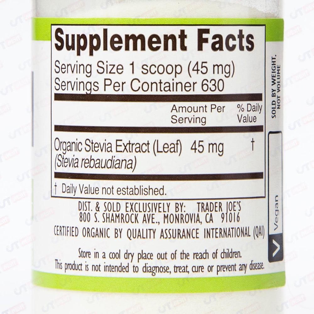 Trader Joe's Organic Stevia Extract bottle close-up showing organic, calorie-free sweetness.