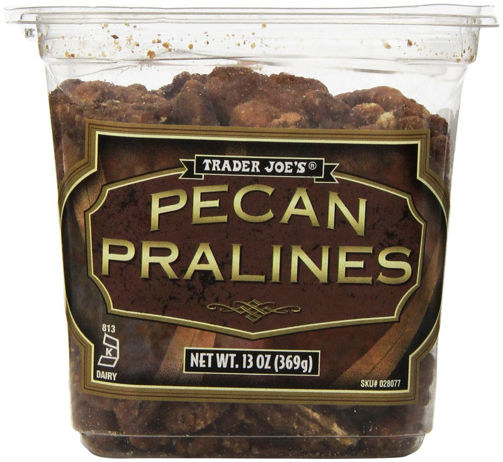 Trader Joe's Pecan Pralines 13 oz pack with toasted pecans and caramel flavor.