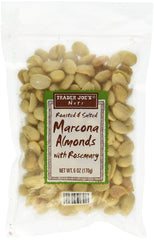Trader Joe's roasted and salted marcona almonds with rosemary in a jar, perfect pantry snack.