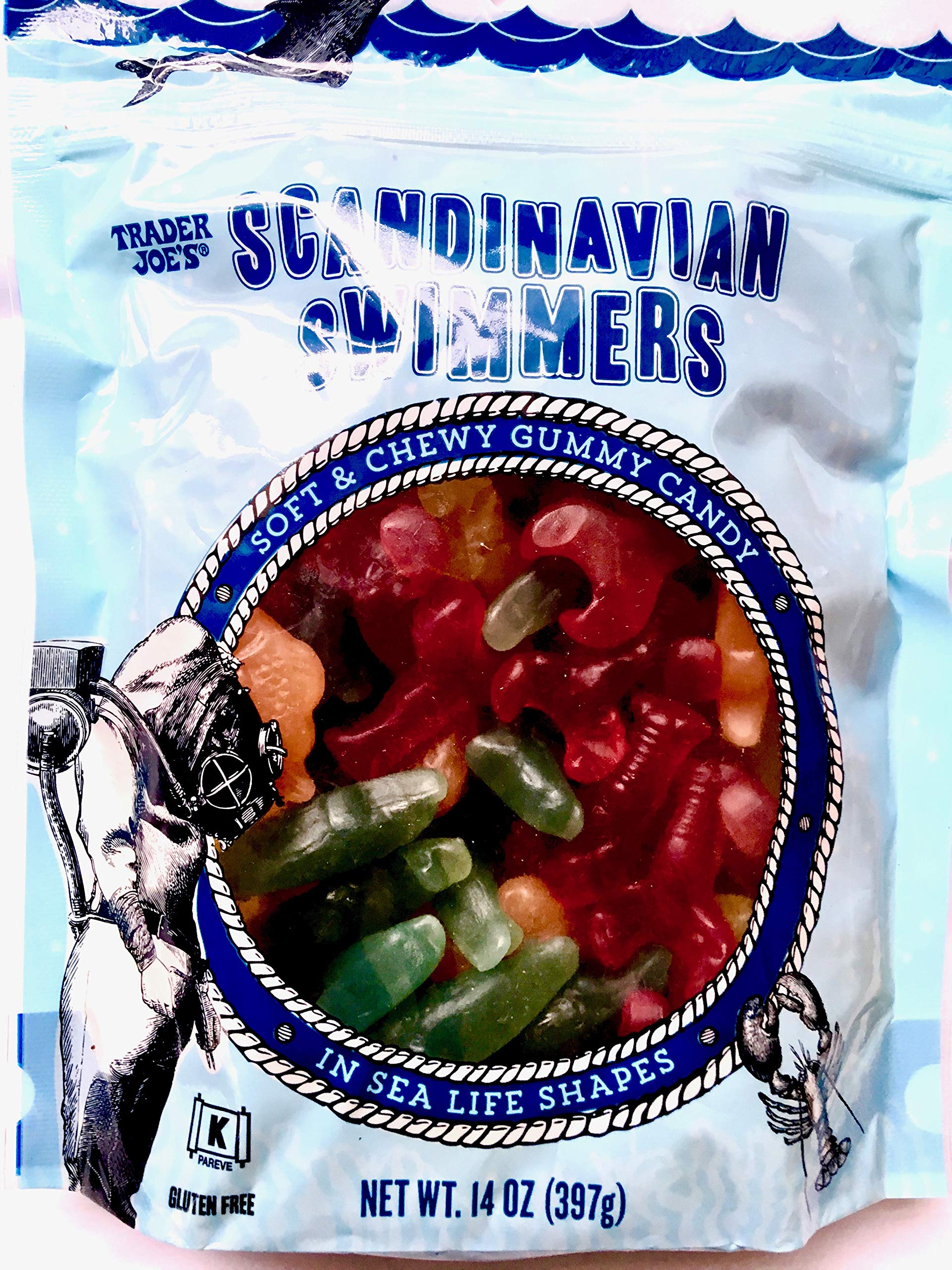 Trader Joe's Scandinavian Swimmers pack shot shows colorful sea life gummies for sharing