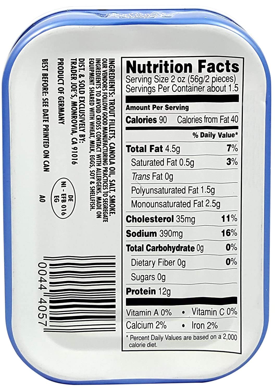 Trader Joe's smoked trout fillets in oil, front label, versatile quick-meal option.