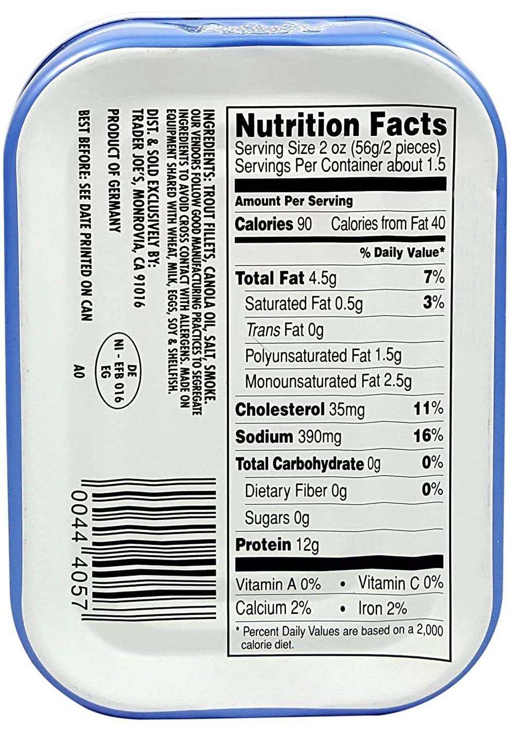 Trader Joe's smoked trout fillets in oil, front label, versatile quick-meal option.