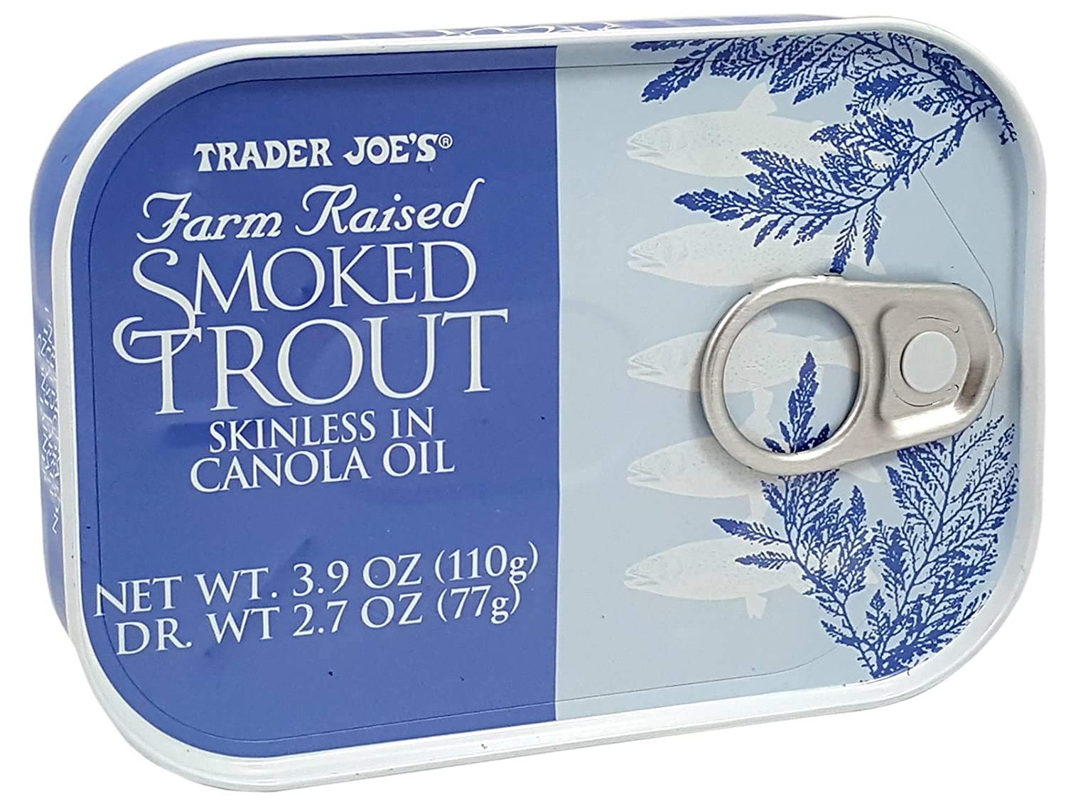 Trader Joe's smoked trout fillets in oil, open tin, snack or topping ready.